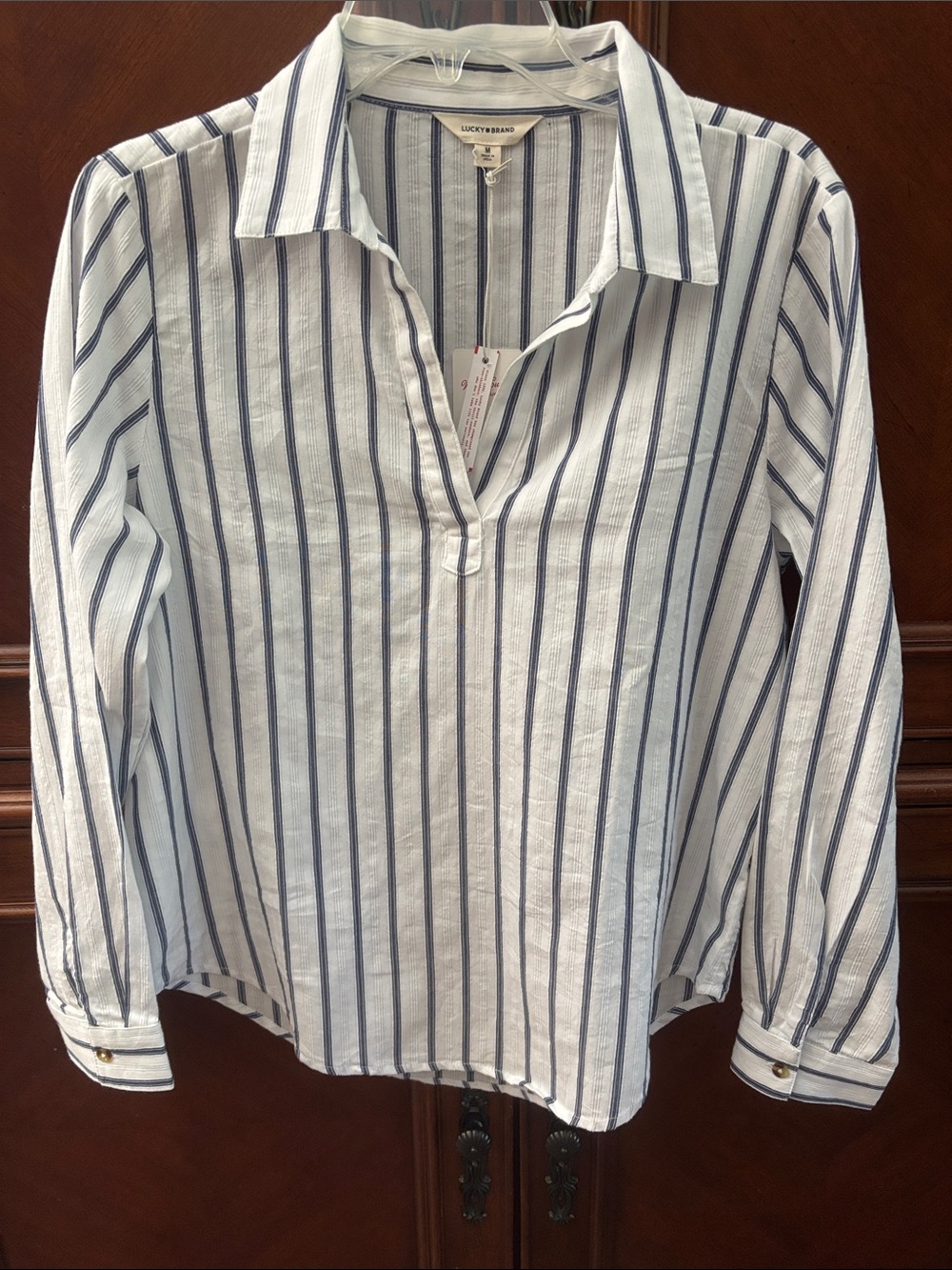 Lucky Brand White Shirt with Navy Vertical Stripes